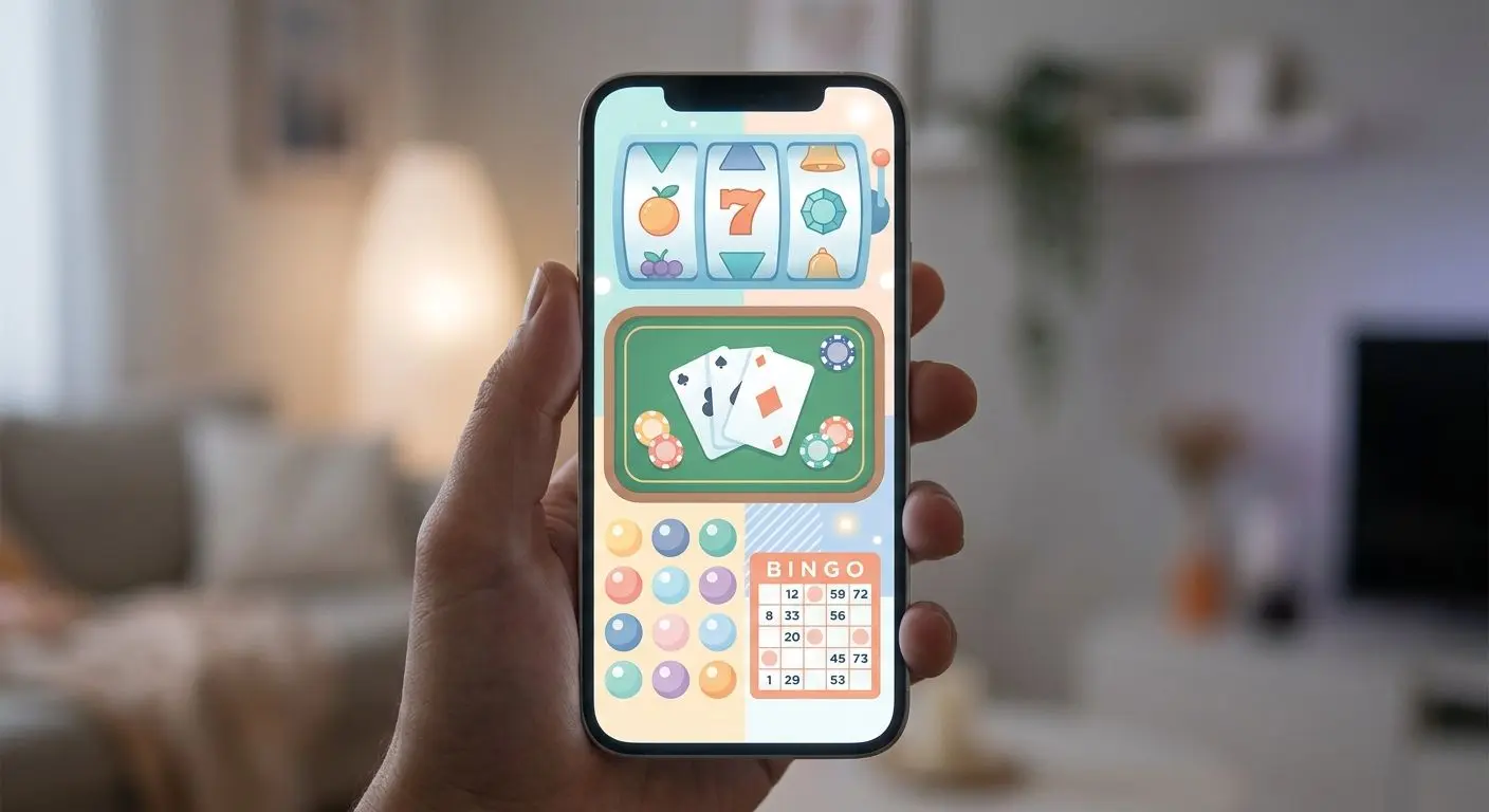 Mobilvy med olika spelkategorier i PlayOJO-inspirerad stil