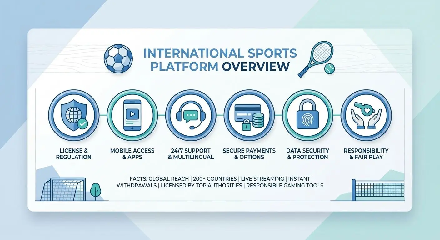 Snabbfakta-grafik om internationell sportplattform med licens, mobil och säkerhet