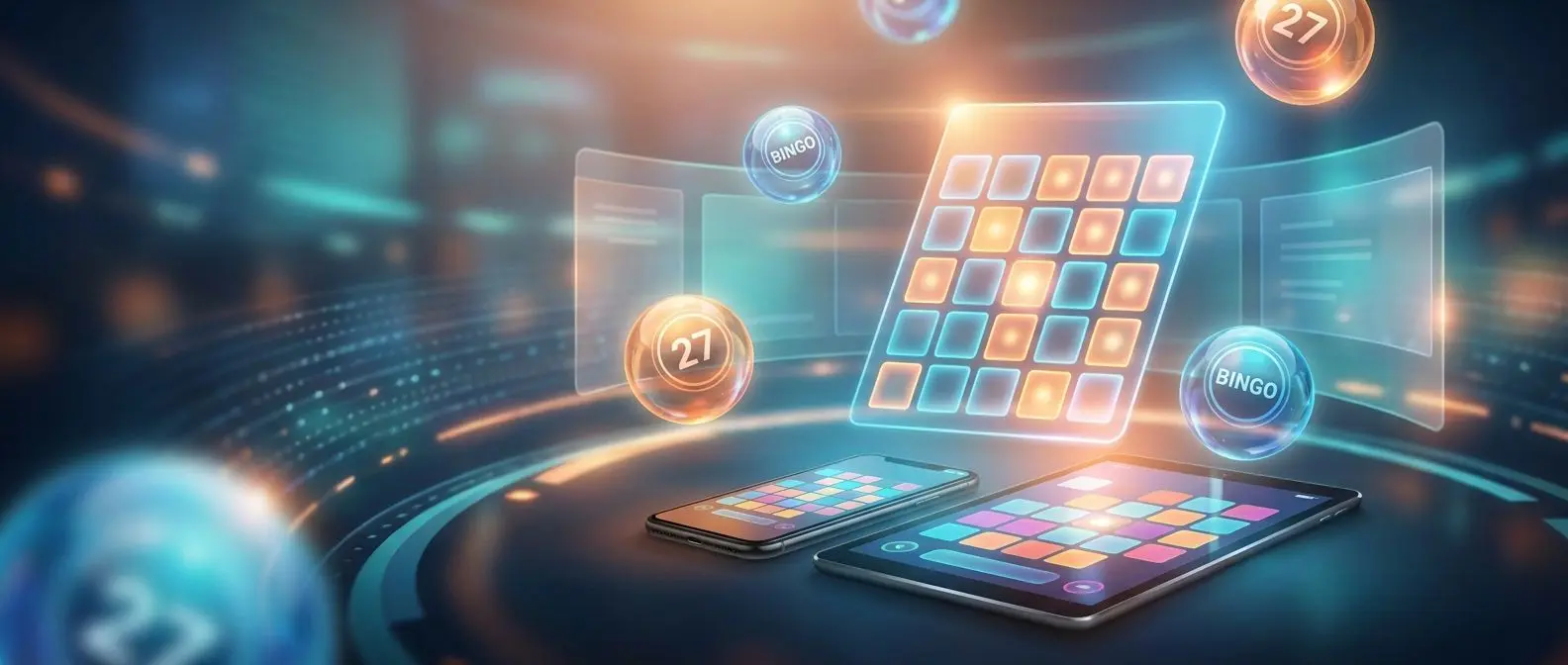 Färgstark digital bingoscen med bingobollar, mobil och bingobricka