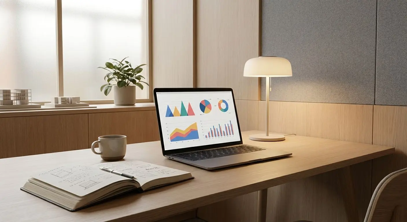 Neutral illustration av analytiker och redaktionell arbetsmiljö