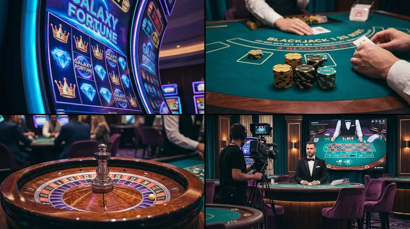 Collage med slots, blackjack, roulette och live dealer för high rollers