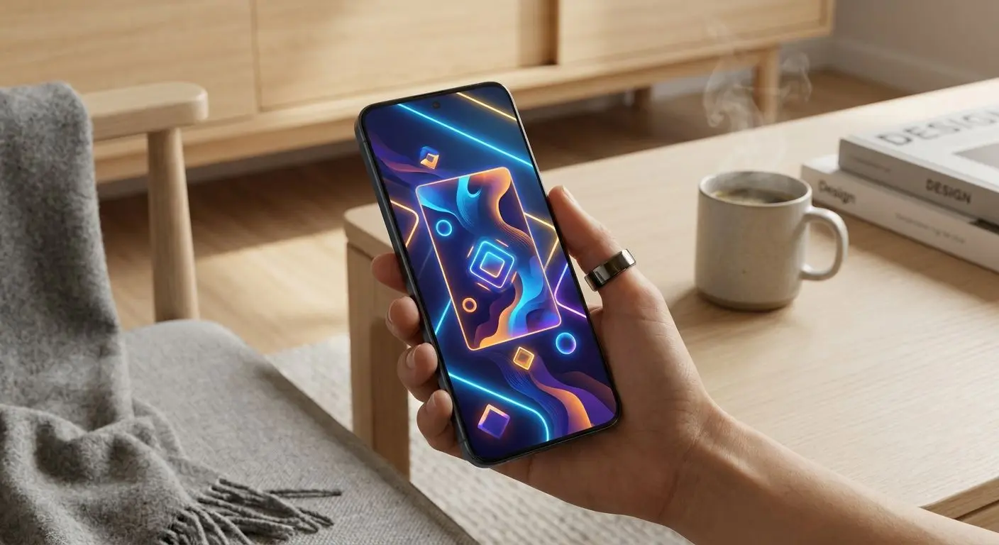 Smartphone med mobilspel i svensk stil för PlayOJO appens hero-banner