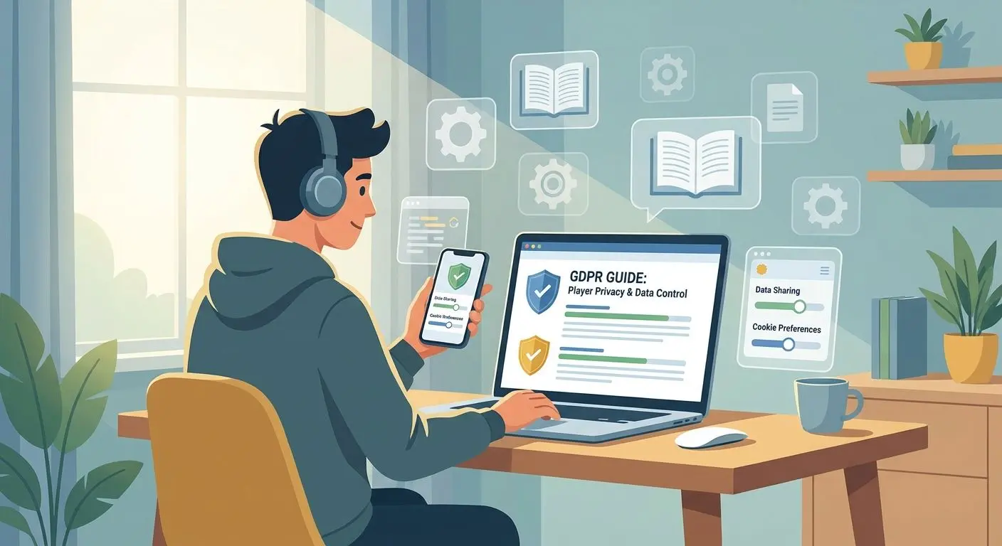 Spelare läser GDPR-guide på laptop med fokus på integritet