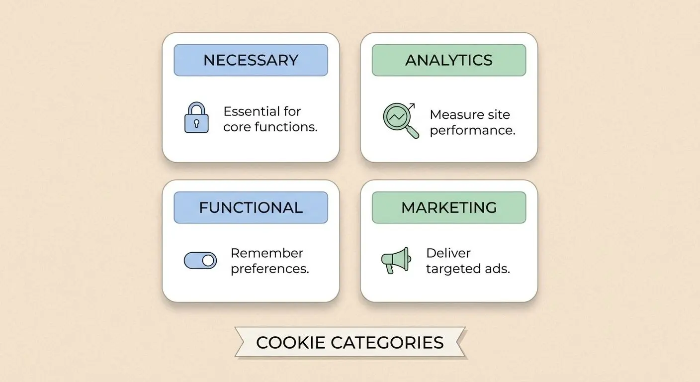 Illustration av cookie-kategorier med ikoner för nödvändiga, analys, funktionella och marknadsföring