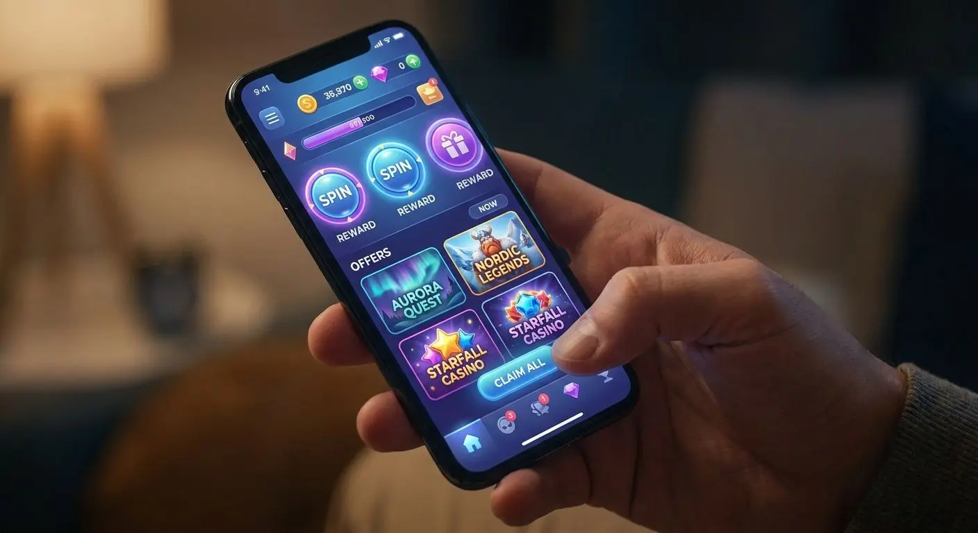 Person bläddrar bland olika free spins-erbjudanden på mobilskärm