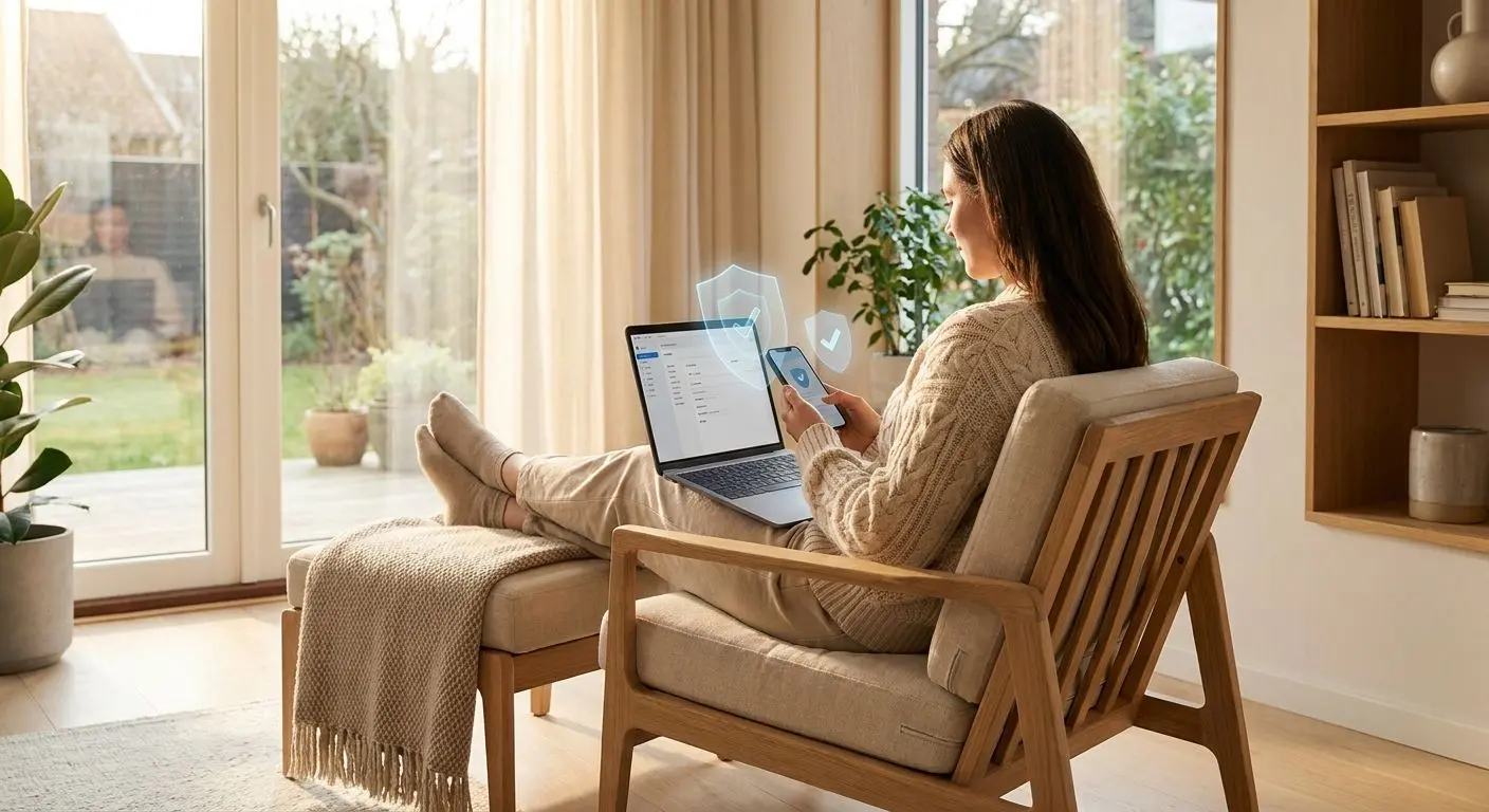 Trygg spelare vid laptop med säkerhetsikoner