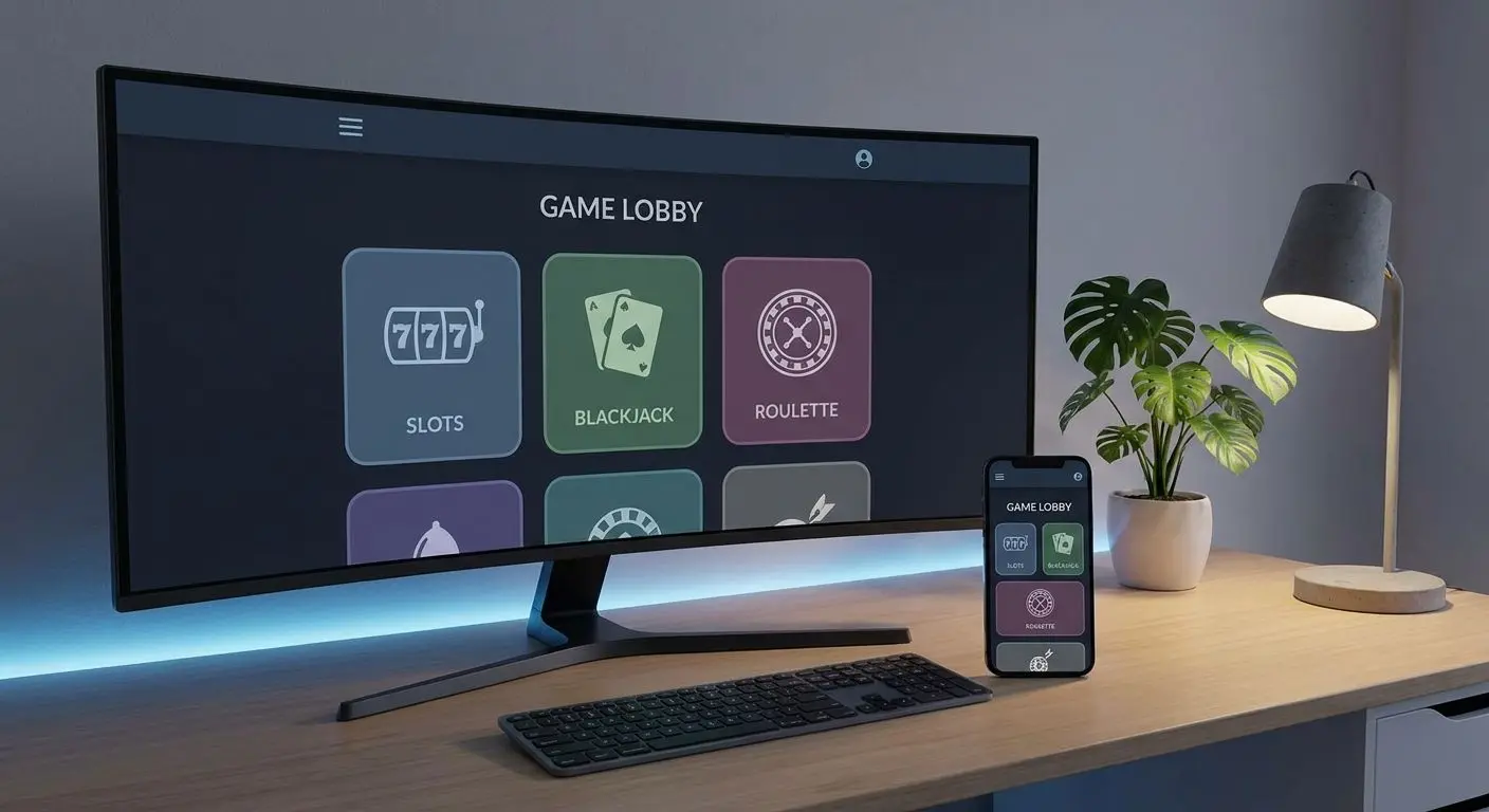 Mobil och dator med modern spelöversikt efter registrering