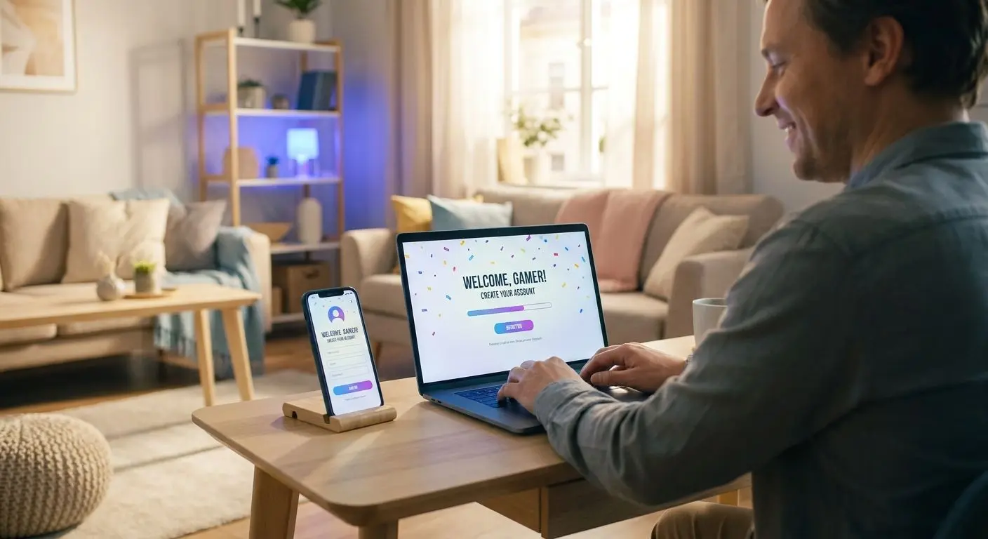 Spelare registrerar konto via laptop och mobil i en enkel och tydlig miljö