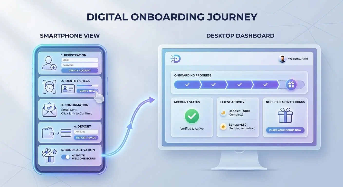 Visuell guide med steg för registrering via mobil och dator