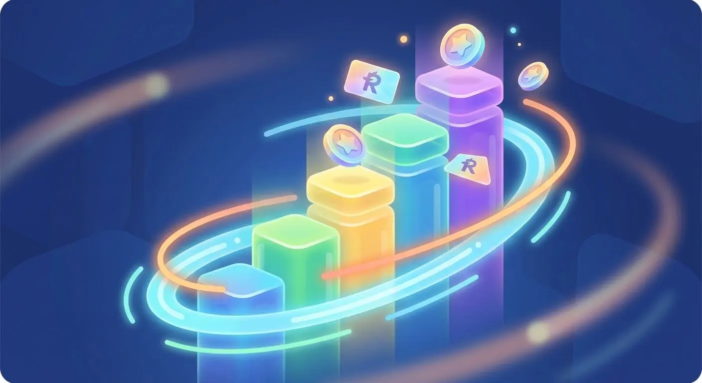 Färgglad illustration av nivåsystem med progress bar och symbolisk cashback