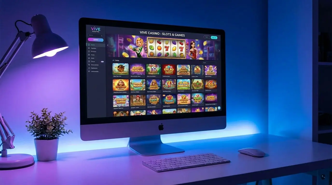 Överblick av slot-lobby med många färgstarka spel på skärm