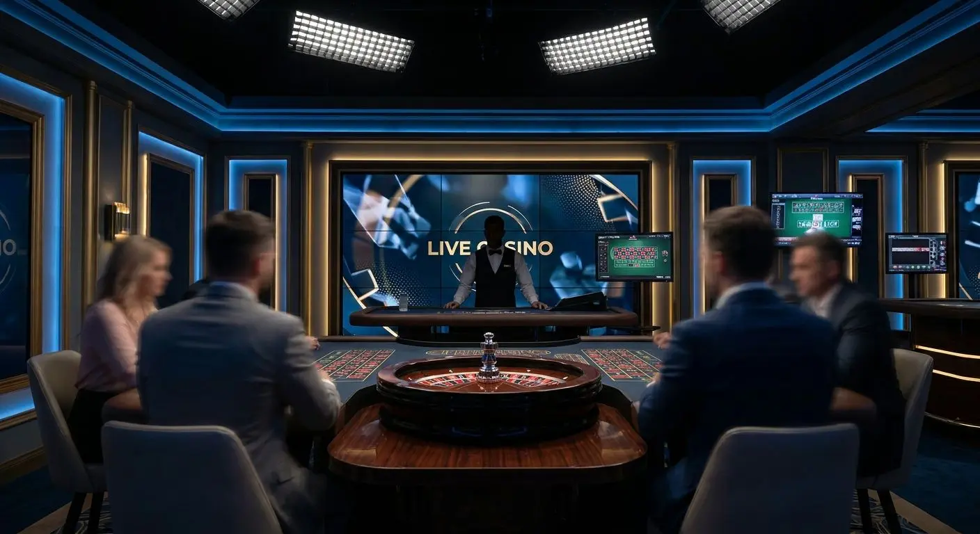 Livebord i studio med dealer, spelare och klassiska bordsspel