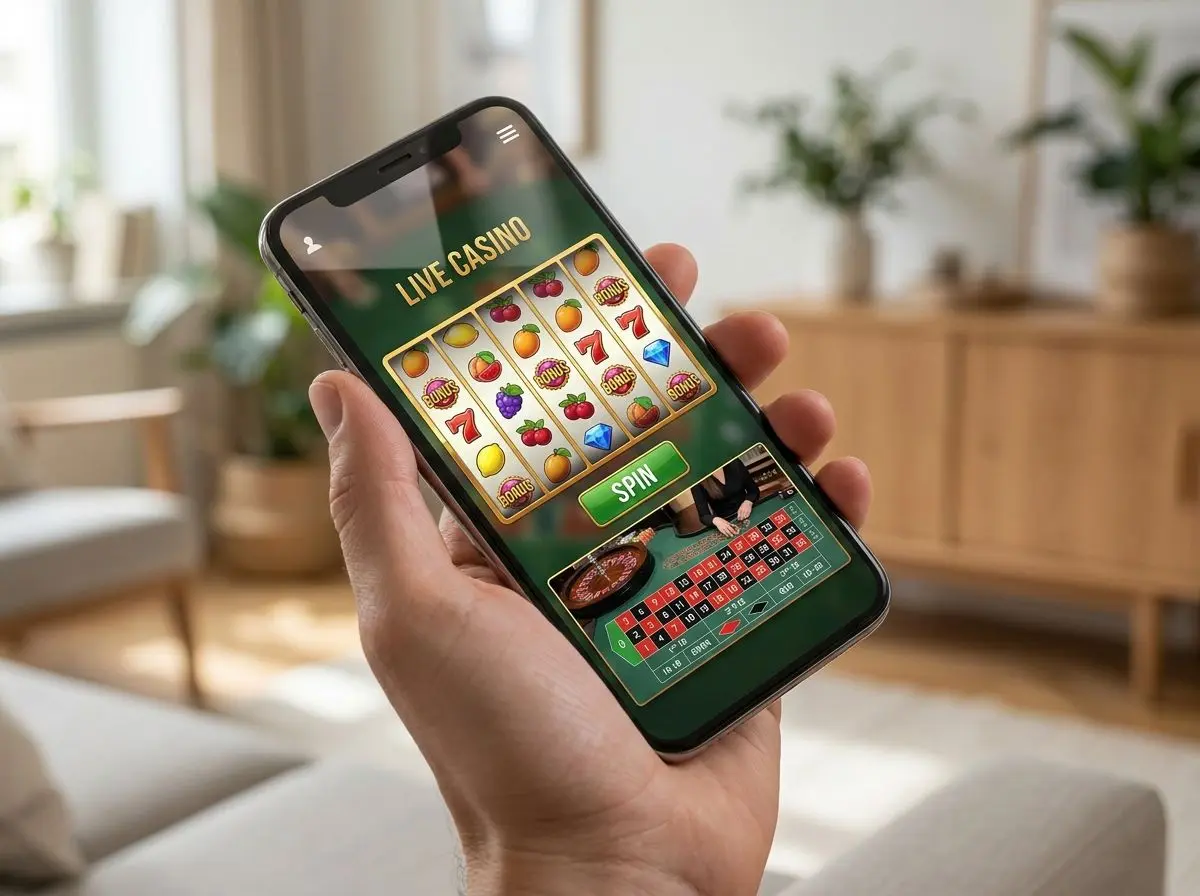 Mobilskärm med spelgränssnitt för slots och live-spel
