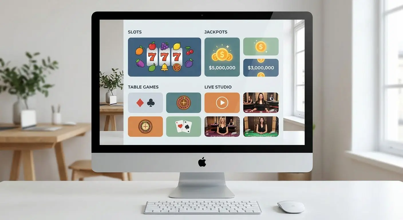 Digital spelobby med kategorier för slots, jackpottar och live-spel