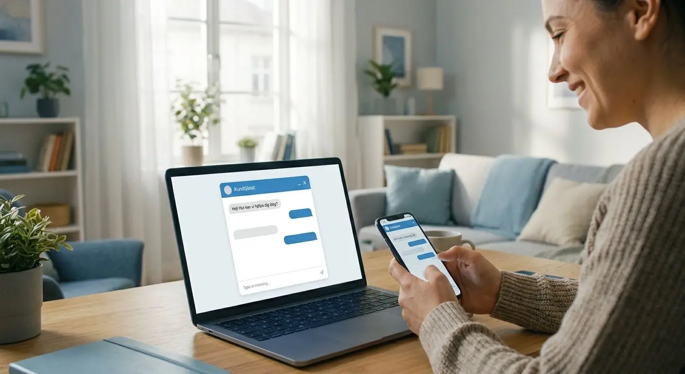 Spelare chattar med kundtjänst via livechatt på laptop och mobil